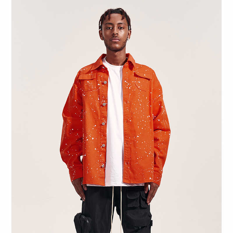 

Men's Casual Shirts Cwhat high street vibe Style Orange splash RAF style fashion brand twill loose men's Denim Long Sleeve Shirt coat