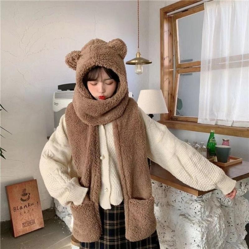 

Bandanas Ski Mask Cute Bear Ear Hat Scarf Gloves Set Balaclava With Ears Winter Bandana Lamb Velvet Solid Fleece Girl Kawaii Present