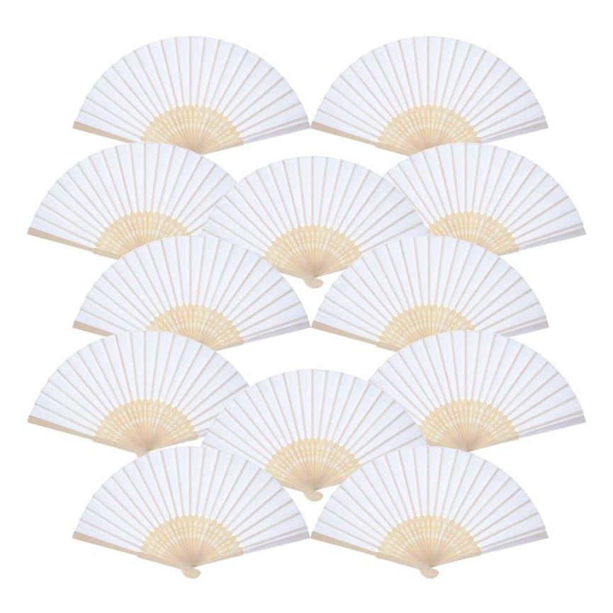 

12 Pack Hand Held Fans Party Favor White Paper fan Bamboo Folding Fans Handheld Folded for Church Wedding Gift311p