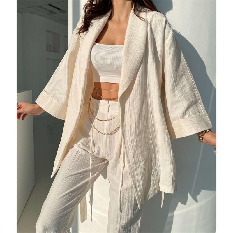 

Women' Two Piece Pants Pieces Sets Women Sashes Female 2022 Summer Turn-don Collar Casual Loose Full Sleeve Shirts Blouses Streetwear Y545W, Khaki