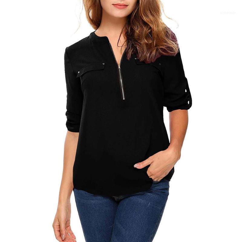 

Summer Women Cool Loose Shirt Deep V Neck Chiffon Blouse Casual Ladies Tops Sexy Zipper Pullover Plus Size Long Sleeve Fashion1, Black