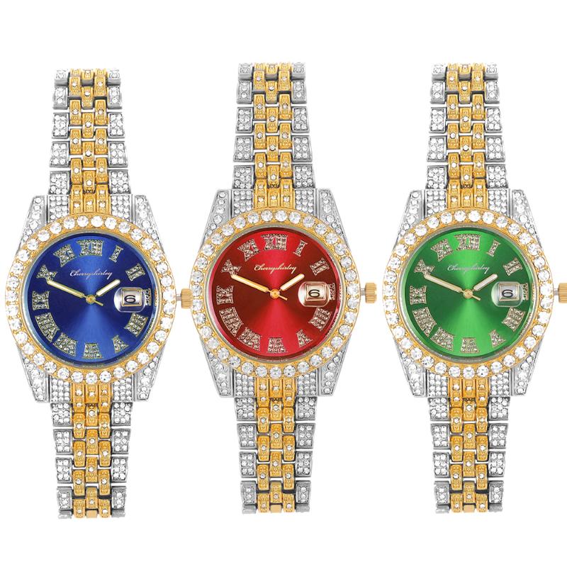 

Wristwatches Hip Hop Iced Out Mens Watches Luxury Date Quartz Baguette Wrist With Micropave CZ For Women Men Jewelry, Slivery;brown