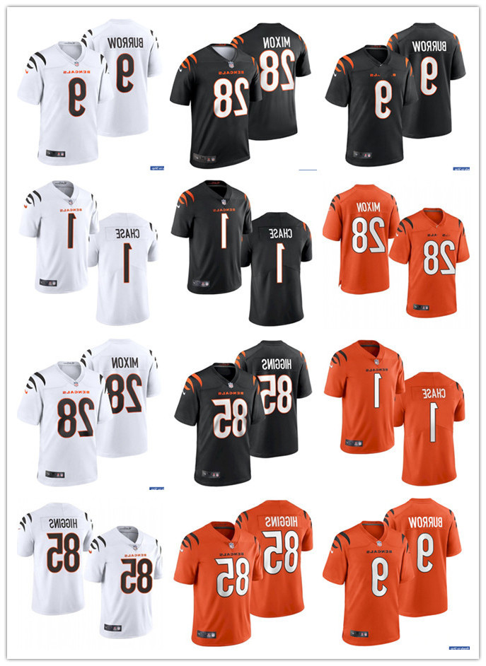 

Men Women Youth Cincinnati''Bengals''9 Joe Burrow 1 Ja'Marr Chase 28 Joe Mixon 2 Evan McPherson 85 Tee Higgins Football Jerseys, Colour