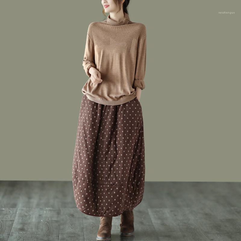 

Skirts Autumn Winter 2022 Retro Dot Pockets Elastic Waist Half Skirt Cotton Linen Loose Comfortable All-match Women MH820, Photo color