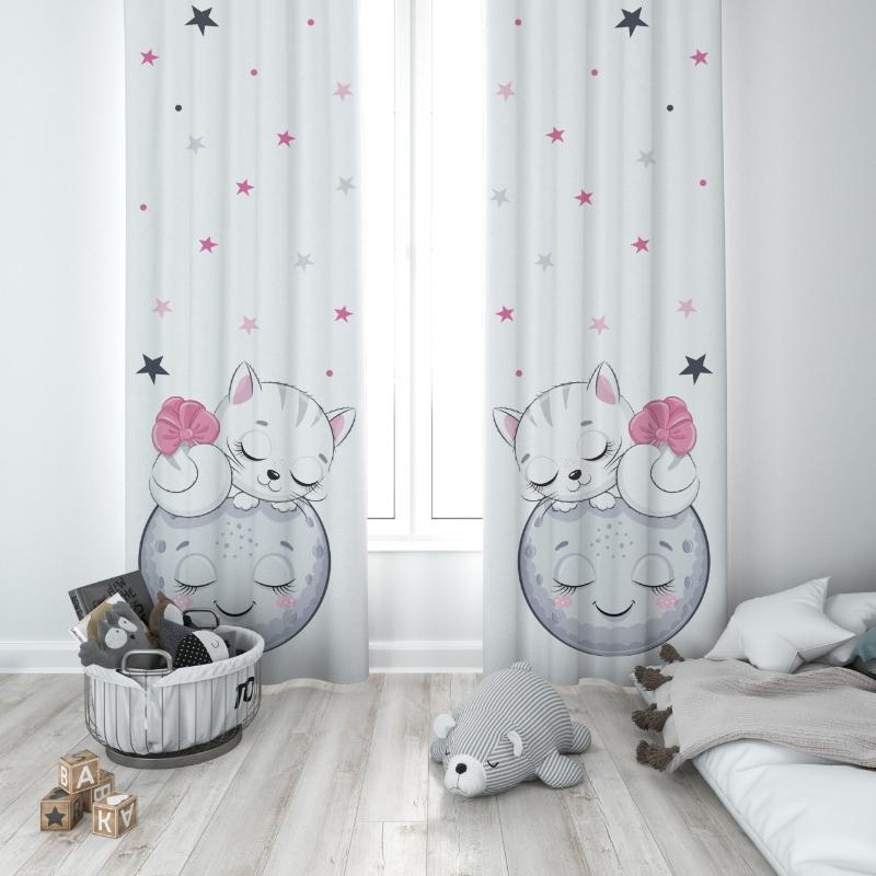 

Curtain & Drapes Cute Little Kitten Sleeping On The Moon Baby Girl Kids Room Special Design Canopy Hook Button Blackout Jealous Window, 65x135 cm ( 1 pcs)