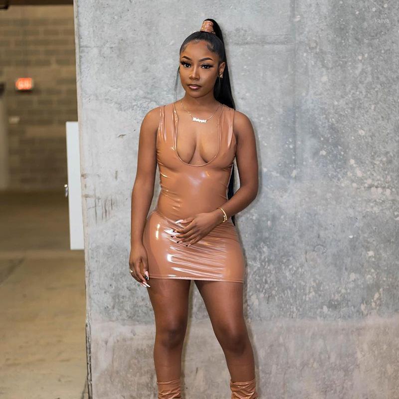 

Spring Sleeveless Solid Pu Leather Color Mini Dress Autumn Women Fashion Sexy Party Club Clothings Casual Dresses, Black