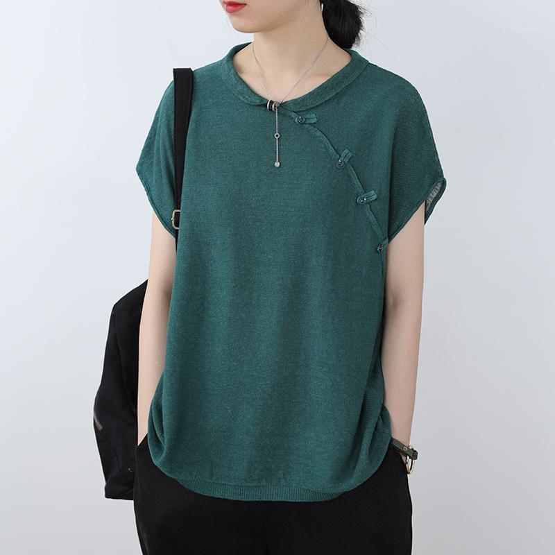 

Women's Blouses & Shirts Blouse Women 2022 Summer Round Neck Short-Sleeved Ramie Solid Color Retro Female Clothes Loose Slimming Casual Top