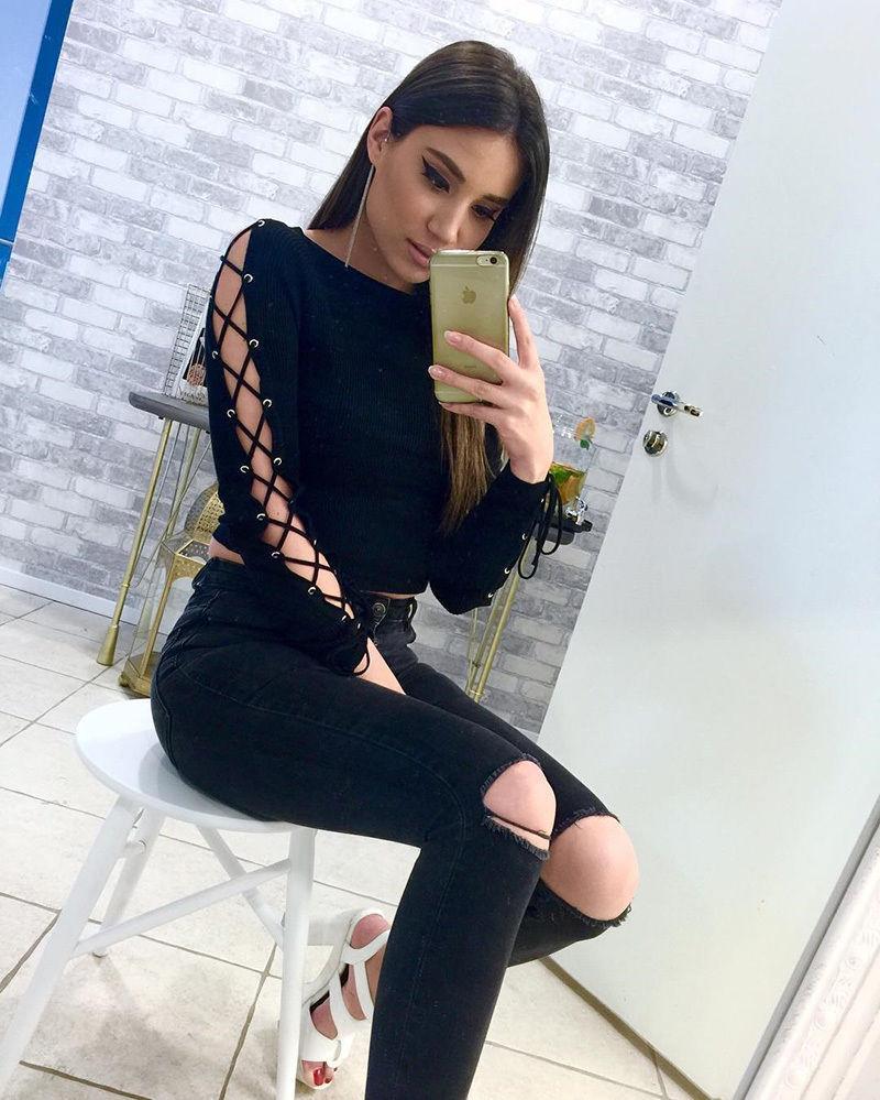 

Women' Blouses & Shirts Hirigin Sexy Corp Top Fashion Bandage Women T Summer Pure Black Long Sleeve Shirt 2022 Outwear