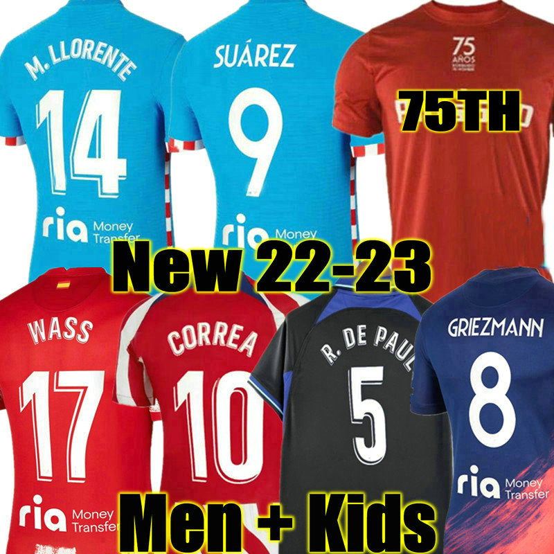 

SUAREZ soccer jerseys 21 22 23 JOAO FELIX 2021 2022 2023 M. LLORENTE Correa camiseta football shirts men kids kit GRIEZMANN R. DE PAUL Cunha CARRASCO Atletico, 22 23 adult home