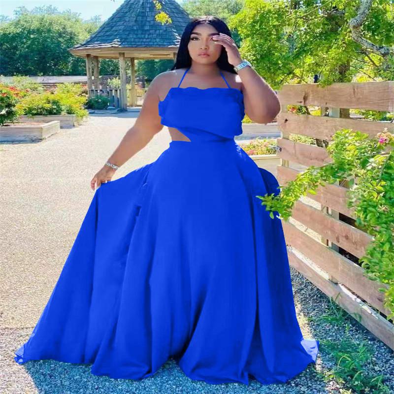 

Casual Dresses Fashion Hanging Neck Sleeveless Hollow High Waist Dress Business Dinner British Style Women VestidosCasual, Blue