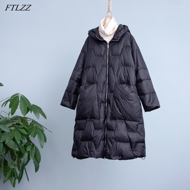 

Women's Down & Parkas FTLZZ Winter Oversize Hooded Midi Long Jacket Vintage Loose Thick Women Light Feather Coat Snow Fluffy Warm Outwear Lu, Black