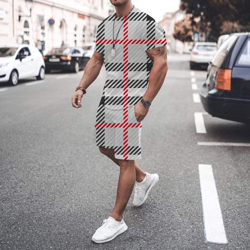

Men's Tracksuits Summer Streetwear Lattice T-Shirt Sets Tracksuit For Men Casual T Shirt Shorts Suits Camiseta Bermuda 2 Pieces Sweat Set Ou, Tzdz-0175