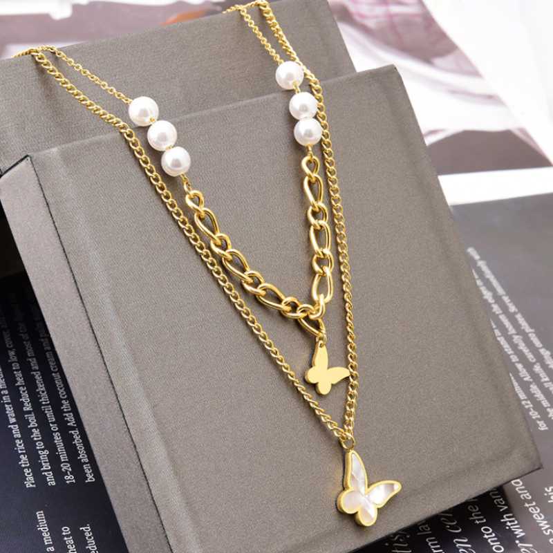 

Pendant Necklaces Stainless Steel Fashion Fine Jewelry 2 Layer Pearl Butterfly Shell Charm Thick Chain Choker For WomenPendant