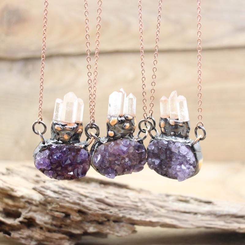 

Pendant Necklaces Soldered Bronze Natural Amethysts Geode Raw Quartz Point Pendants Antique Necklace Rough Crystal Drusy Retro Boho Jewelry
