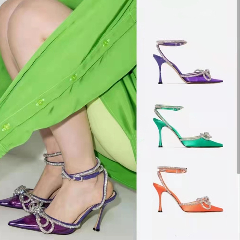 

2022 new leather sheepskin satin Dress shoes 8CM stiletto high heels Pumps Women Wedding Summer pillage pionted toe bowtie diamond Glitter size 34-43 Buckle Strap, Fuchsia
