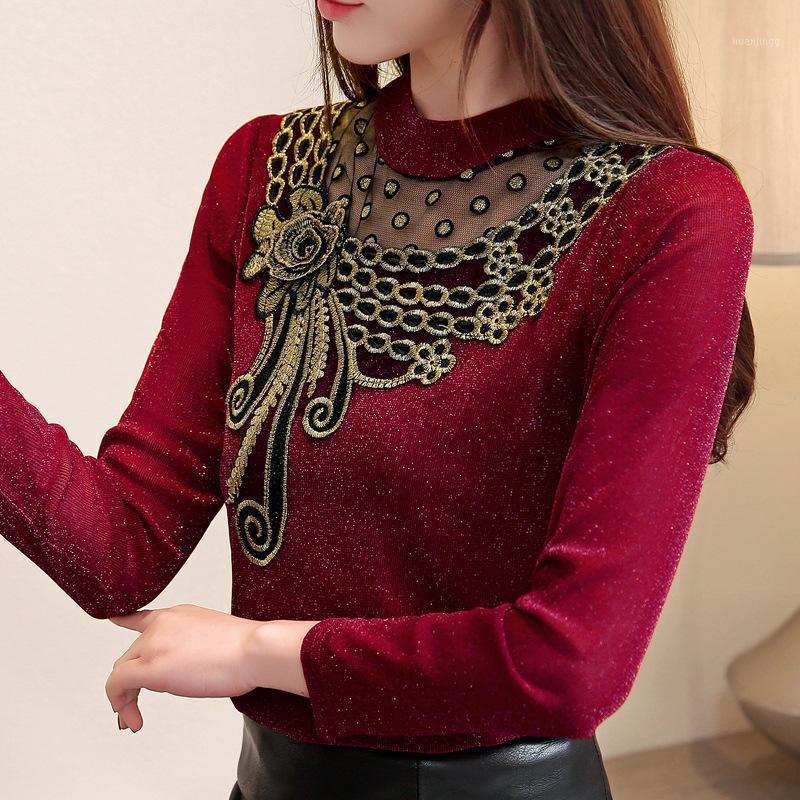 

Women's Blouses & Shirts Women Nice Autumn Winter Blouse Mesh Shirt Fashion Warm Top Office Velvet Thick Lace Spring Plus Size Tops, Thin-red