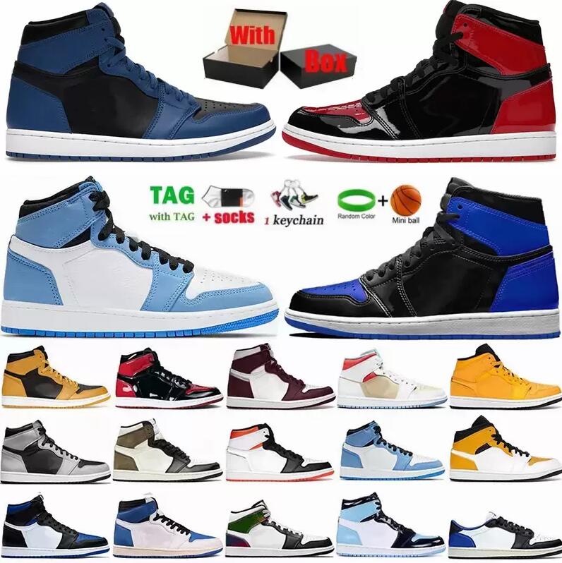 

Jumpman 1s Mens Basketball Shoes 1 UNC Twist Dark Mocha Marina Blue University Grey Hyper Bred Patent Royal Design Bordeaux Sports Sneakers Womens Trainers With Box, 1s (18)