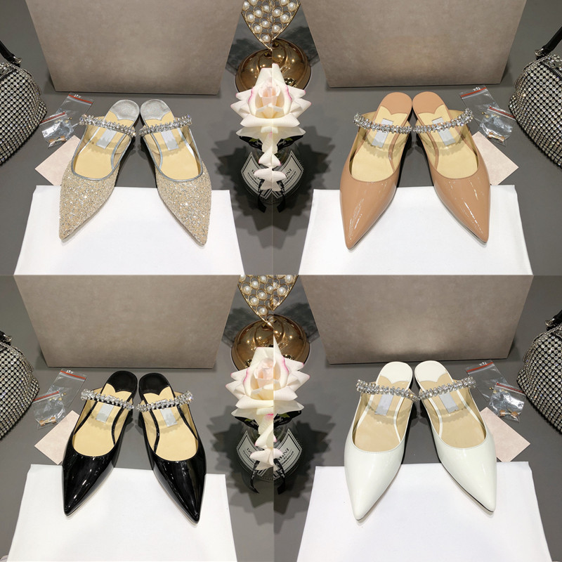 

2022 Women Luxury Sandals Designers Rhinestone Heels Flat Half Slippers Leather Lined Glitter Tulle Mules Pointed Toe High Heel with Box Size 35-40, Gold