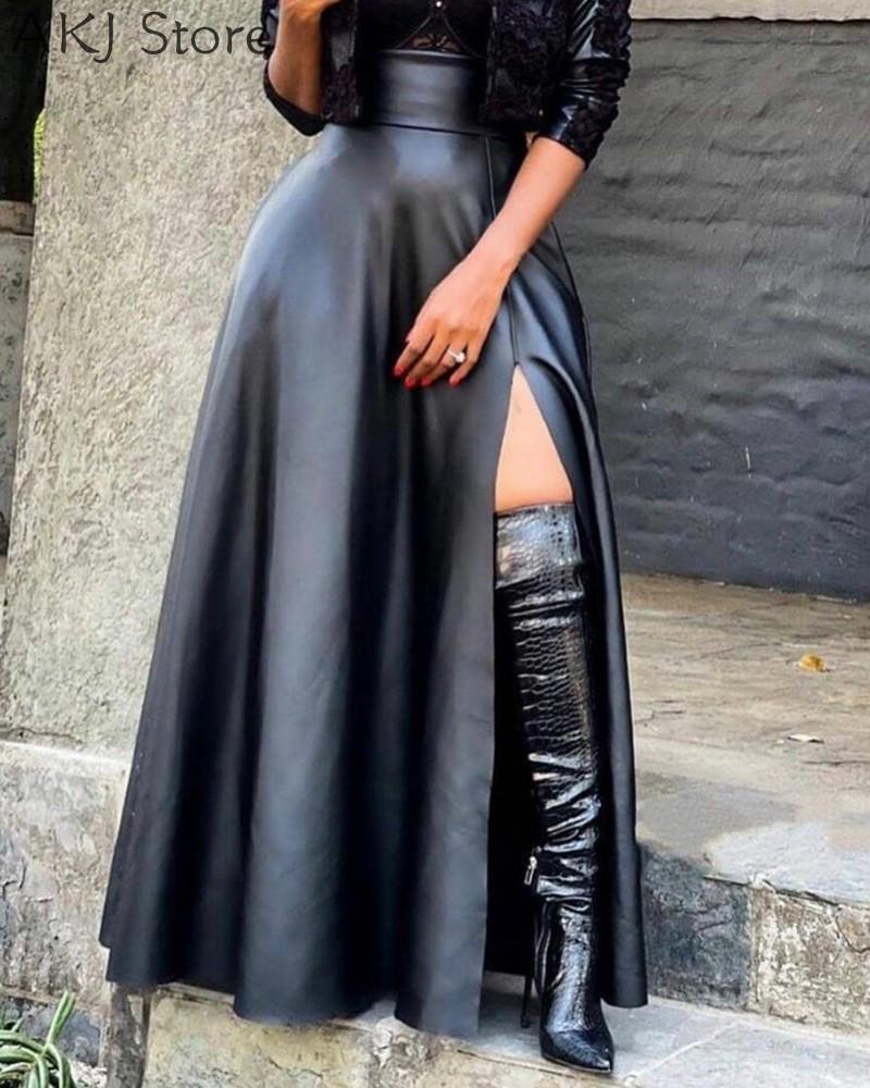 

Skirts Leather High Slit Pocket Design SkirtSkirts, Black