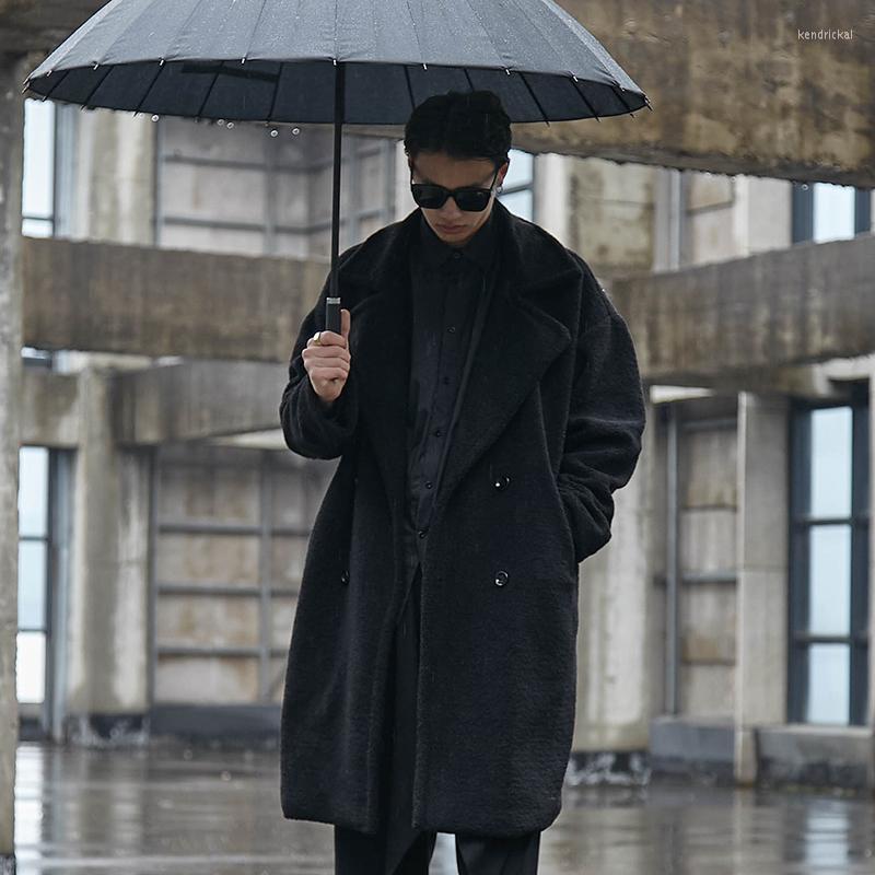 

Men's Wool & Blends Men Autumn And Winter Hong Kong Wind Day Department Street Hip-hop Leisure Loose Long Lamb Coat Kend22, Black