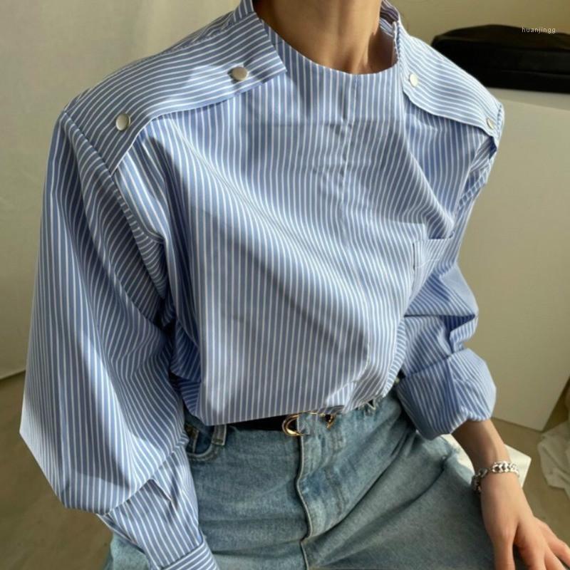 

Women's Blouses & Shirts [EWQ] 2022 Spring Women Fashion Casual Blouse Stand Collar Single Brested Long-sleeved Panelled Striped Loose Shirt, Gray