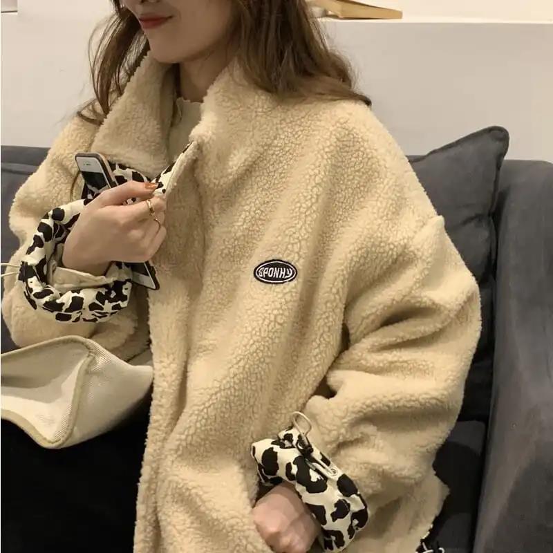 

Women' Trench Coats Double-sided Lamb Velvet Cotton Jacket Leopard Print Female Student Korean Loose Stand-up Collar Windbreaker WinterWome, Beige