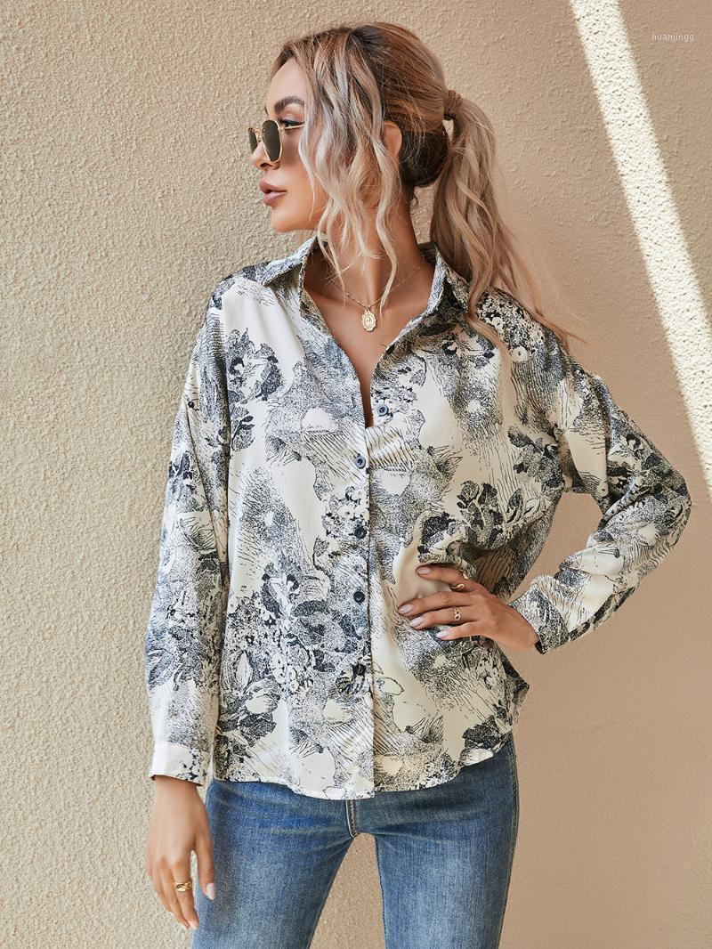 

Casual Button Up Shirt Women Long Sleeve Chinese Elements Printed Blouse Female Fashion Spring Autumn Shirts Blusas Para Mujer Women' Blous, White