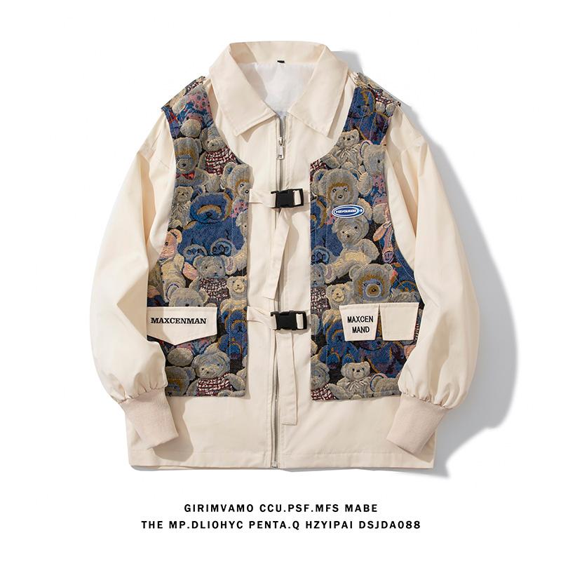 

Men' Jackets Autumn Men' Anime Work America Style High Street Hip Hop Vintage Duplex Fake Two Cute Bear Streetwear CoatMen, Black