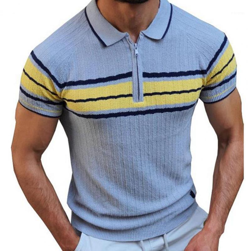 

Men's Casual Shirts Shirt Knitted Contrast Color Men Lapel Zipper Striped Top For Spring Summer, Dark blue