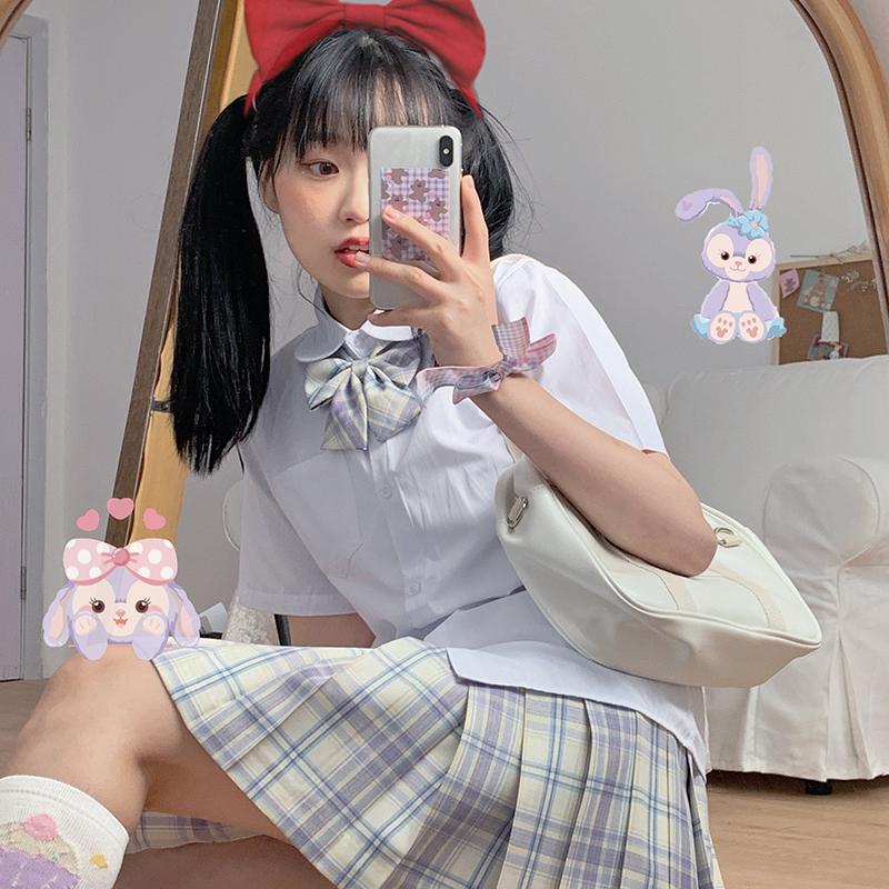 

Clothing Sets Japanese-Style College-Style Short-Sleeved Bow Tie Shirt Top Plaid Pleated Skirt JK Uniform Two Piece Suit Women's SummerC, Top and tie