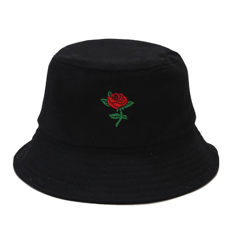 

Berets Unisex Rose Embroidery Bucket Hat Foldable Women Macaron Outdoor Sunscreen Cotton Fishing Hunting Cap Men Bob Chapeau Sun Hats, White