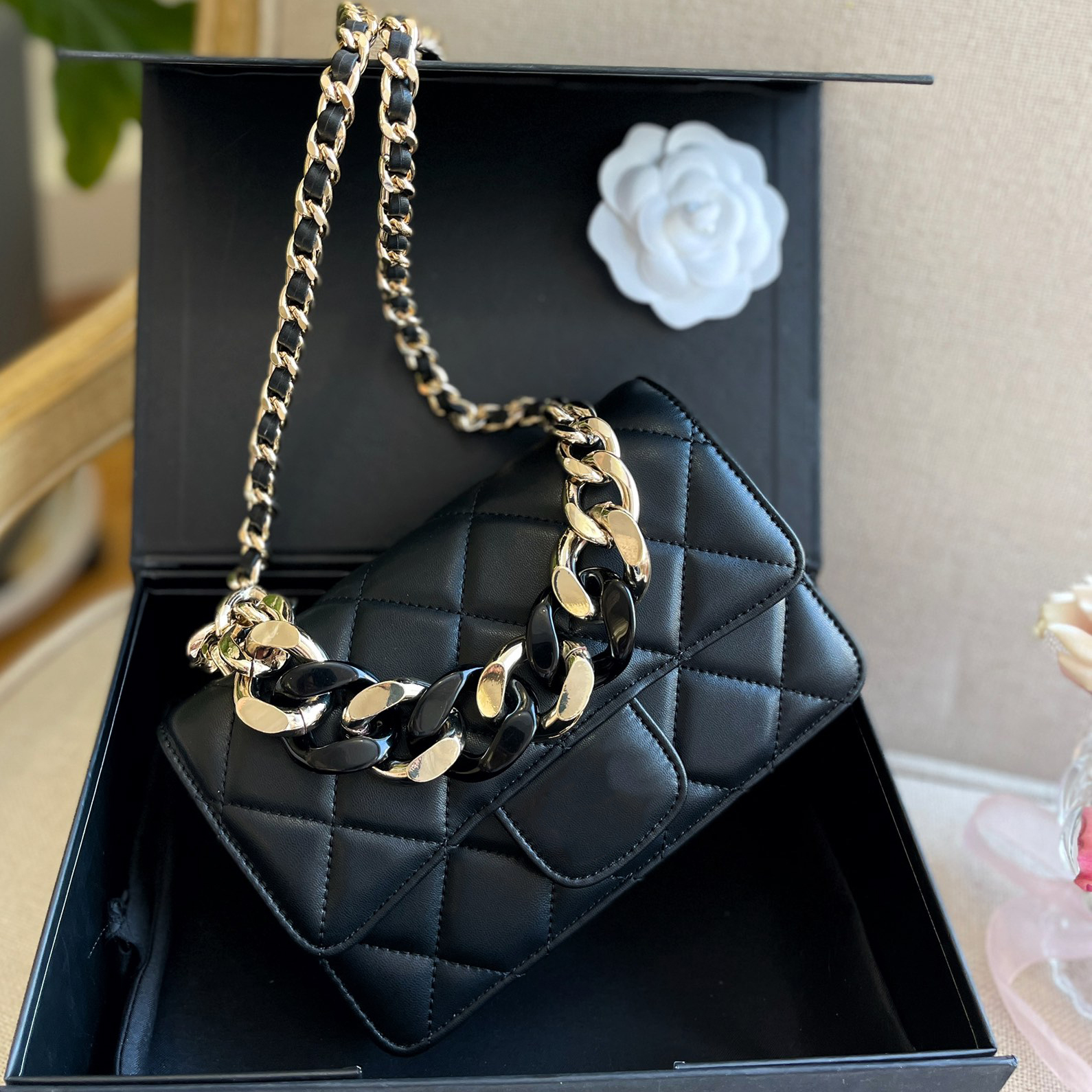 

Totes Designer Handbag Women Genuine Leather Handbags Diamond Lattic Classic Fashion Style Gold Chain Totes Wholesale Price Sale, Black