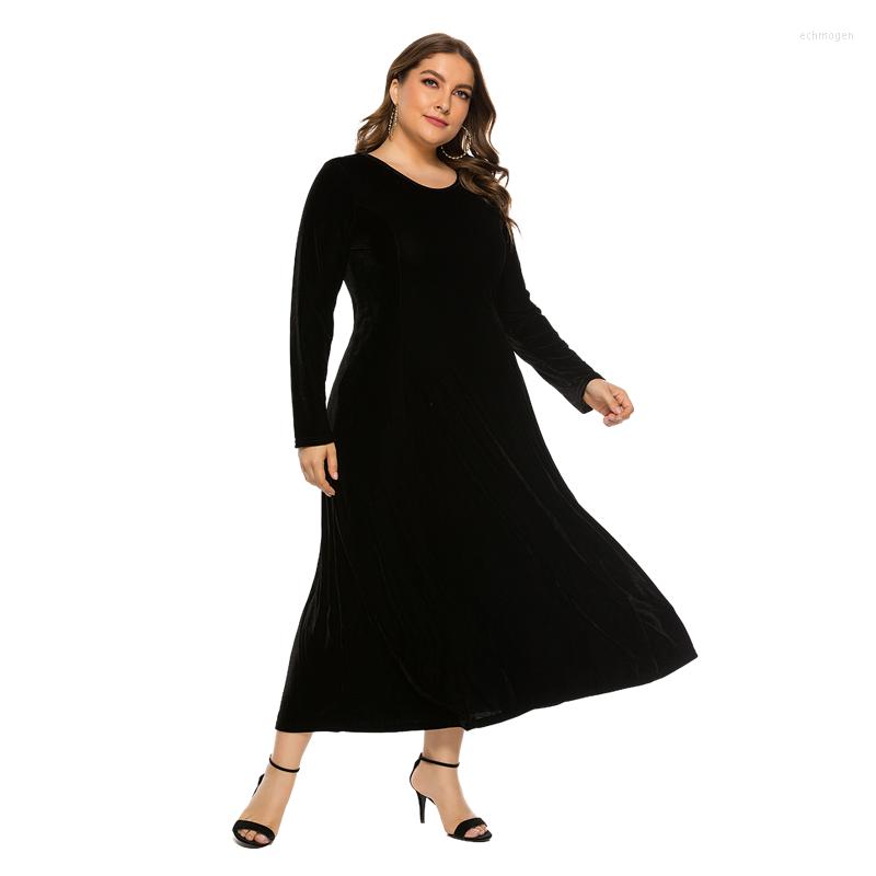 

Plus Size Dresses Elegant Woman Party Plus-size Fall Round Neck Long Sleeves Solid Dress Autumn Winter Vestidos De Mujer 5XL Echm22, Black