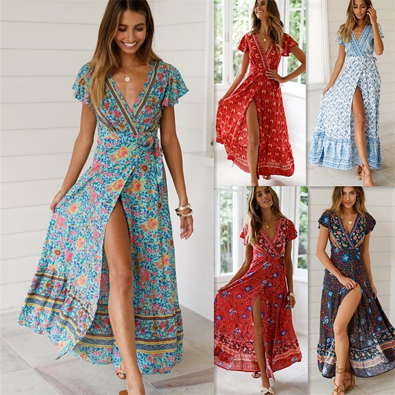 

New Popular 2019 Summer Women Vneck Short Sleeve Boho Bohemian Floral Print High Split Beach Long Dress Wrap Maxi Dresses T200107, Beige
