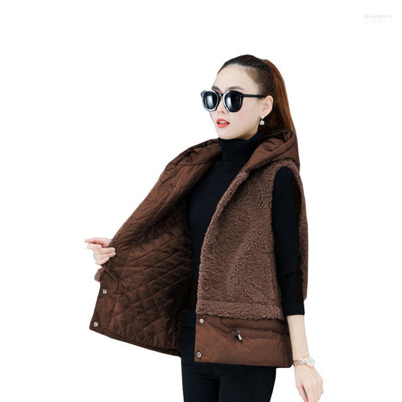 

Women's Vests Plus Size Vest 2022 Women Fashion Hooded Warm Winter Fur Jacket Korean Imitation Lambskin Sleeveless Female Coat OK329 Luci22, Brown