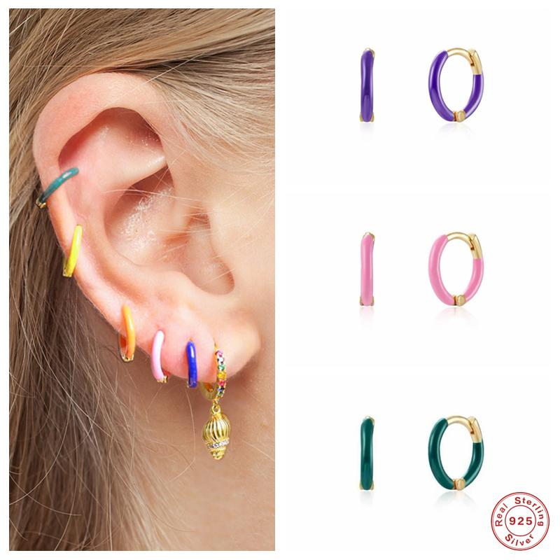 

Hoop & Huggie Aide 925 Sterling Silver European Neon Pink Purple Enamel Earrings For Women Luxury Circle Round Earring Pendientes JewelryHoo