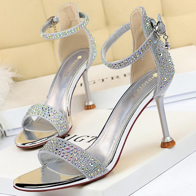

Designer-Sandals BIGTREE Woman Rhinestone Sexy High Heels Strappy Sliver Gold Wedding Shoes Luxury Stiletto Ladies Open Toe Pumps
