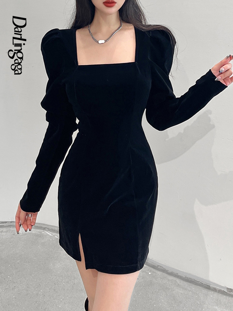 

Darlingaga Square Collar Korean Fashion Velvet Black Dress Female Puff Sleeve Bodycon Elegant Party Dresses Split Spring Autumn