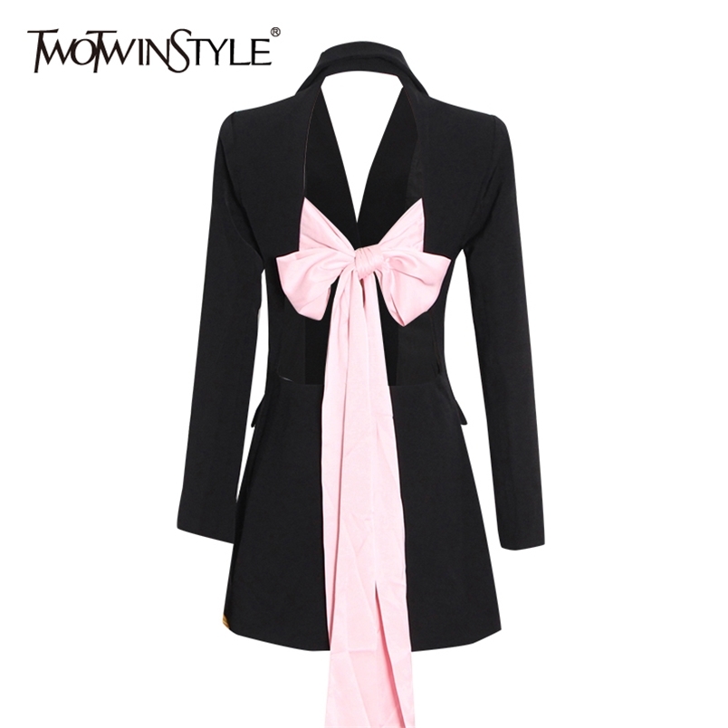 

TWOTWINSTYLE Backless Hit Color Bowknot Lace-up Women's Blazer Notched Long Sleeves Slim Fit Coats Female Spring Fashion 220402, Black