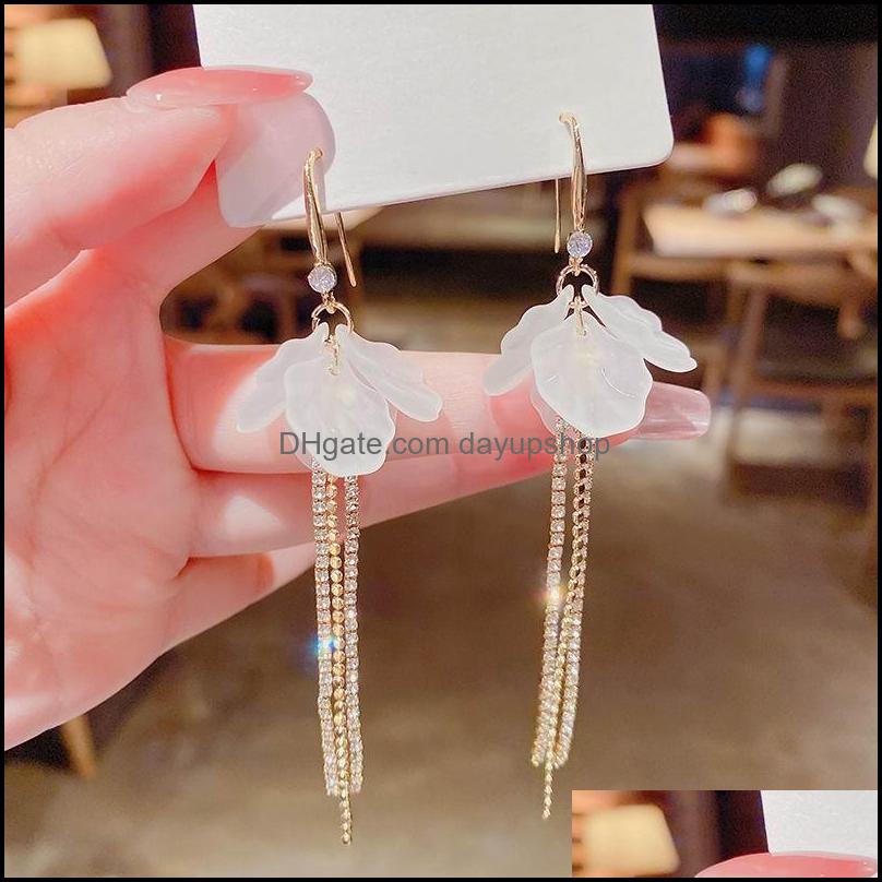 

Dangle Chandelier Earrings Jewelry Fashion Boho White Flower Petals Tassel Long With Shinning Rhinestones Women Lady Beach D2D
