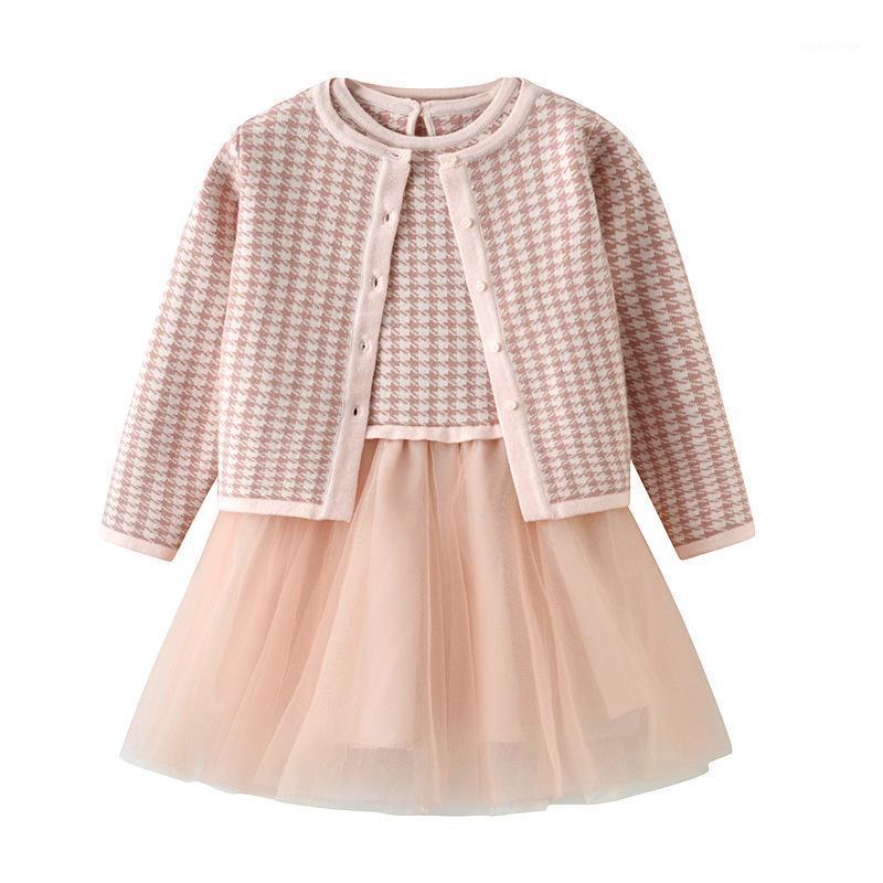 

Girl's Dresses 2022 Autum Girls' Princess Dress Set Plaid Knitted Cardigan Splicing Sarong Pink Birthday Kids Clothing Sweet Girl