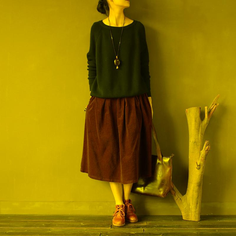 

Skirts Autumn/winter Mori Girl Retro Women's Cotton Corduroy Pleated Loose Elastic Waist Knee-length Vintage Spring SkirtsSkirts, Black