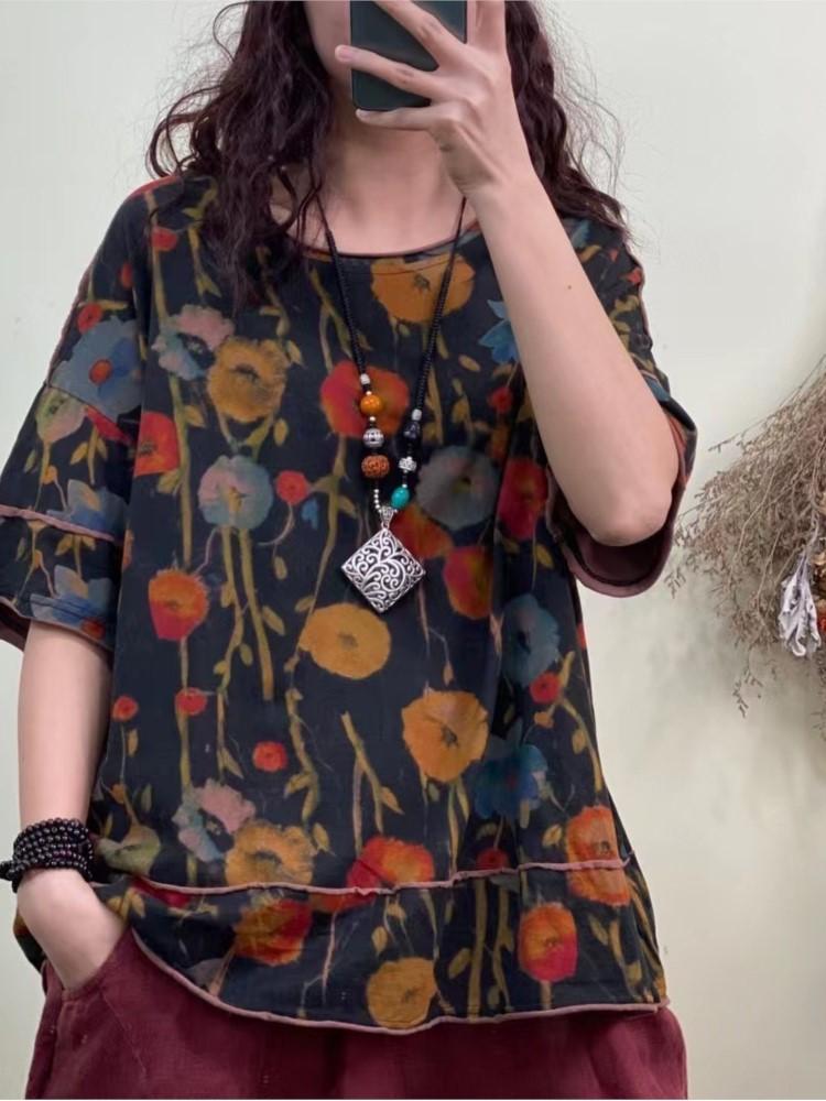 

Women's T-Shirt Cotton Women Printed Floral Summer 2022 Literary O-neck Short Sleeve Female Vintage Pullover Loose TopWomen's