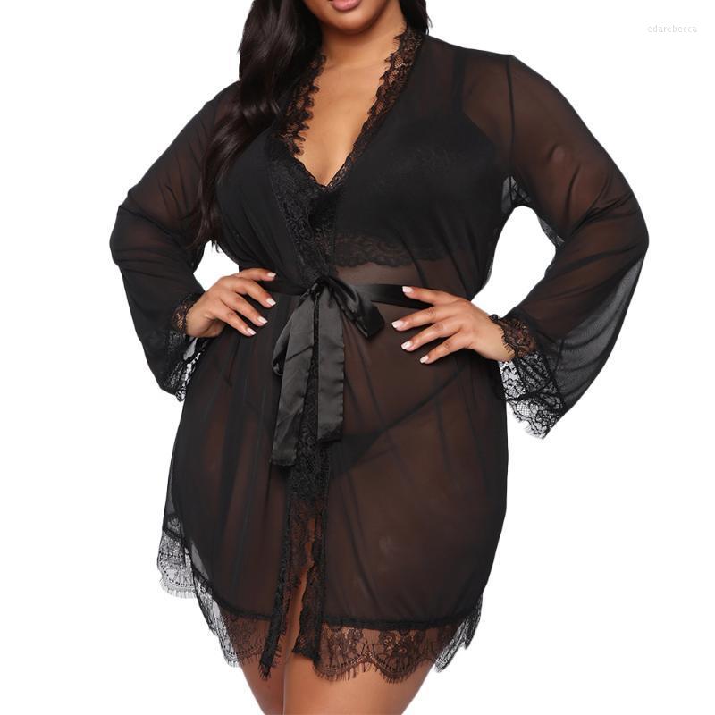 

Plus Size Dresses Sexy Lingerie Mesh Lace Underwear Women Long Sleeve Transparent Nightdress Solid Erotic Bathrobe With G-string Set Edar22, Black