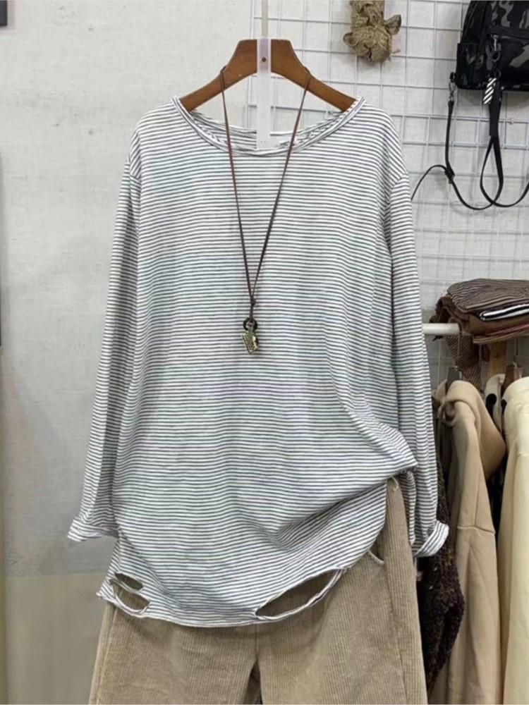 

Women's T-Shirt Ladies T Shirt Cotton Striped Loose 2022 Spring Summer Long Sleeve Hole Casual Fashion Basic Korean Tops YoYiKamomoWomen's, Beige