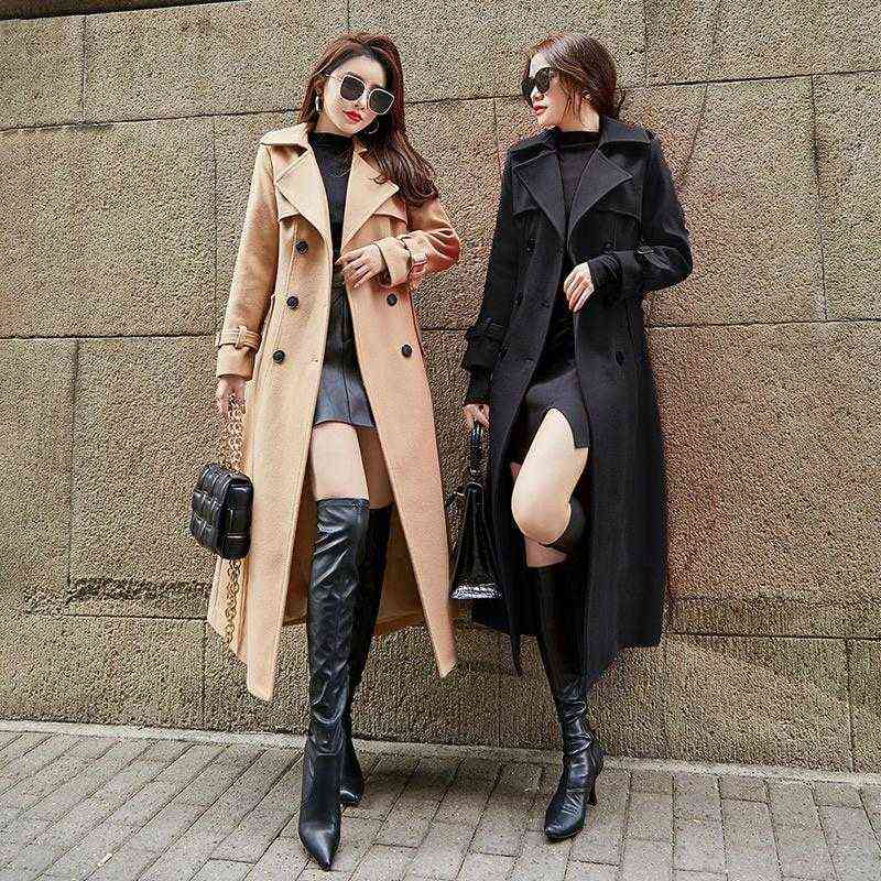 

Women's Trench Coats Fall Long Woolen Coat 2021 Clothing Korean Slim Fit Slimming Over The Knee Ladies Large Overcoat T220811, Black