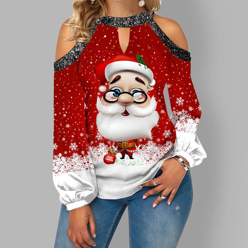 

Women' T-Shirt Santa Claus Print Long Sleeve Tshirts Women Autumn Winter Casual Blouses Cute Christmas Festival Off Shoulder Plus Size T-sh, Black