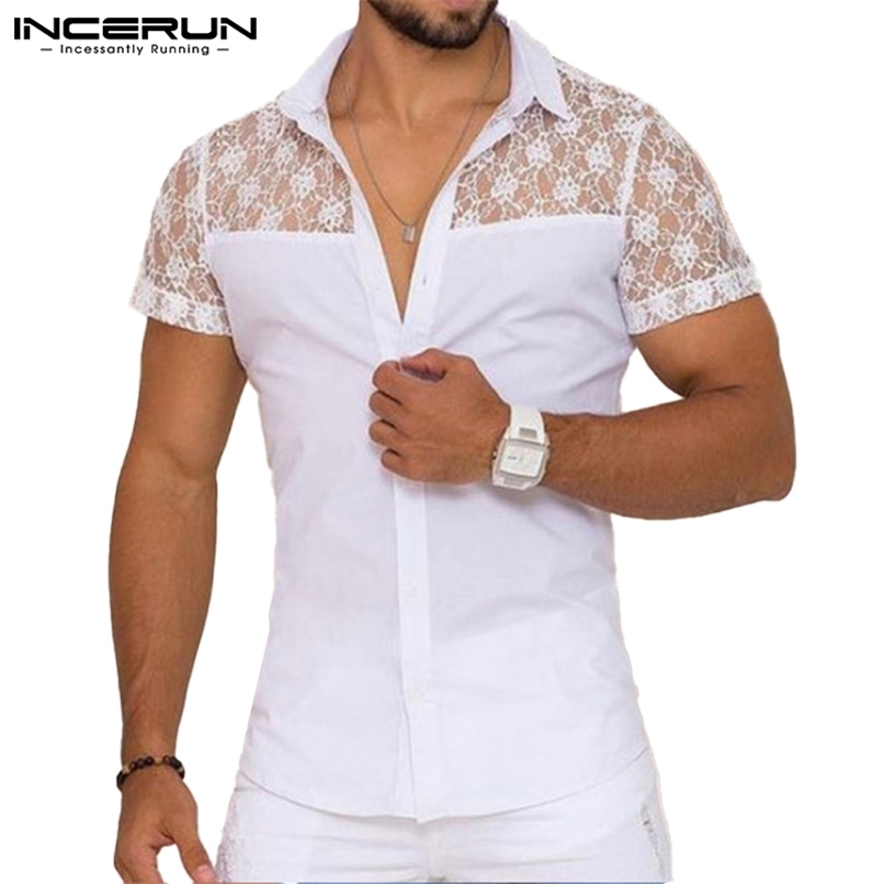 

Men Shirt Lace Mesh Patchwork Lapel Short Sleeve Streetwear See Through Sexy Camisas Summer Party Clothing INCERUN 7 220614, White