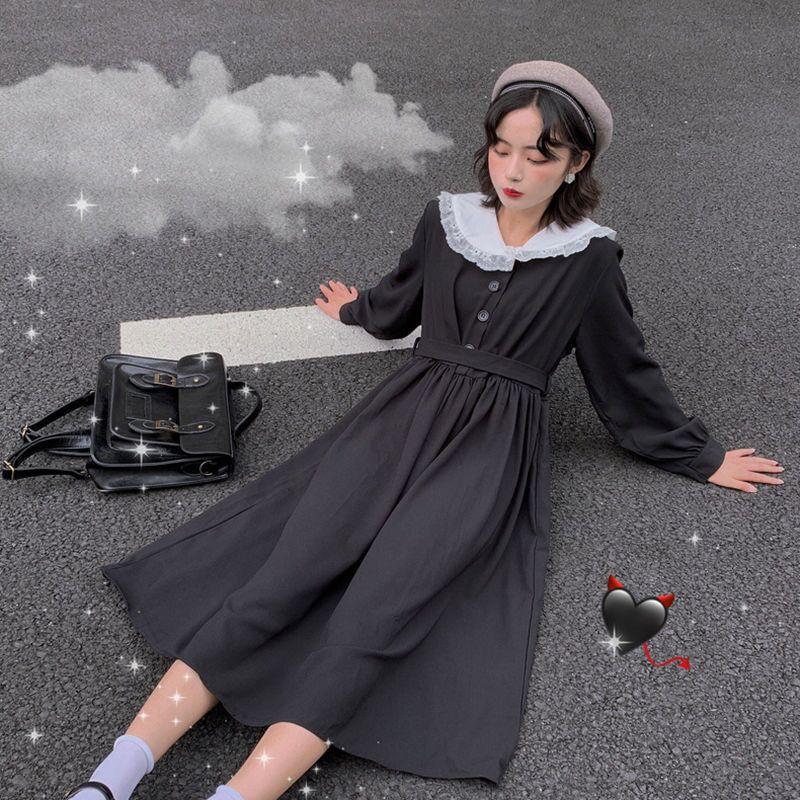 

Casual Dresses Harajuku Gothic Cosplay Black Sailor Dress Women Lolita Girl Style Lace Collar Vintage Bandage Pleated Long Vestidos 2022, Black;gray