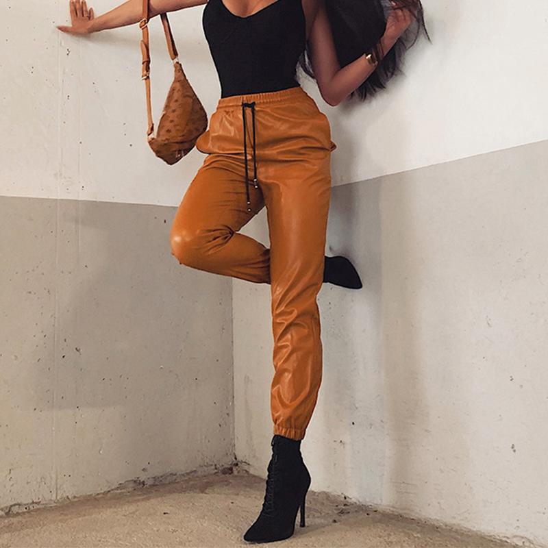 

Women' Pants & Capris NORMOV Women Leather Sexy High Waist Elastic Loose Harem Casual PU Trousers Fashion Streetwear Pencil, Orange